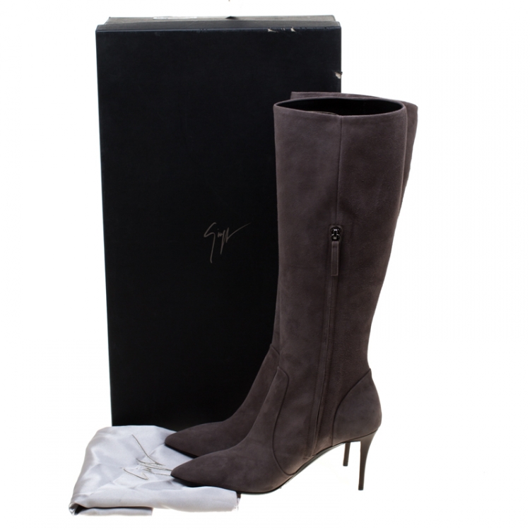 Pre Owned Giuseppe Zanotti Grey Suede Pointed Toe Knee Length Boots Size 38