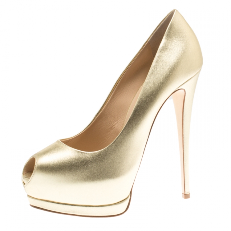 Pre Owned Giuseppe Zanotti Metallic Gold Leather Peep Toe Platform Pumps Size 39