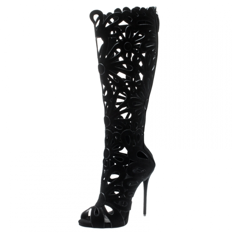 Giuseppe Zanotti Black Suede Floral Cut Out Knee Length Boots Size 37 ...