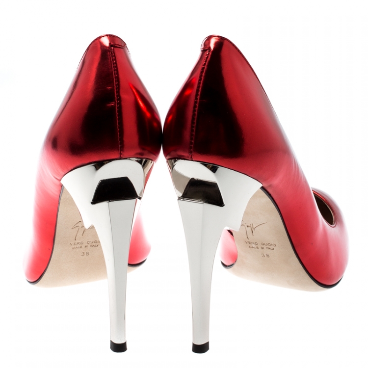 Pre Owned Giuseppe Zanotti Metallic Red Leather Bolt G Pointed Toe Pumps Size 38