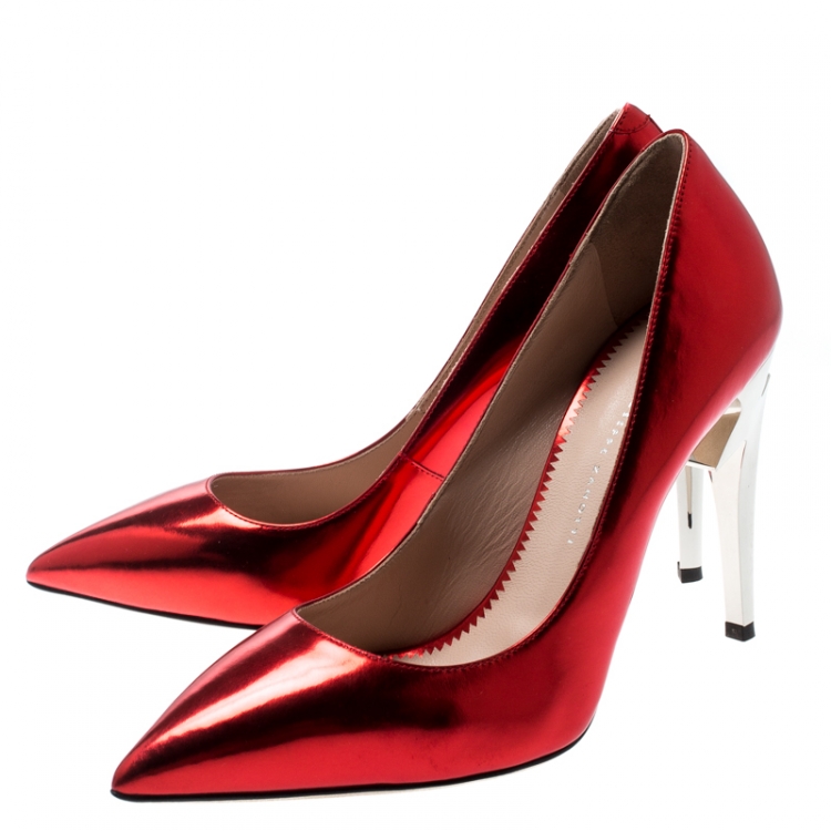 Pre Owned Giuseppe Zanotti Metallic Red Leather Bolt G Pointed Toe Pumps Size 38