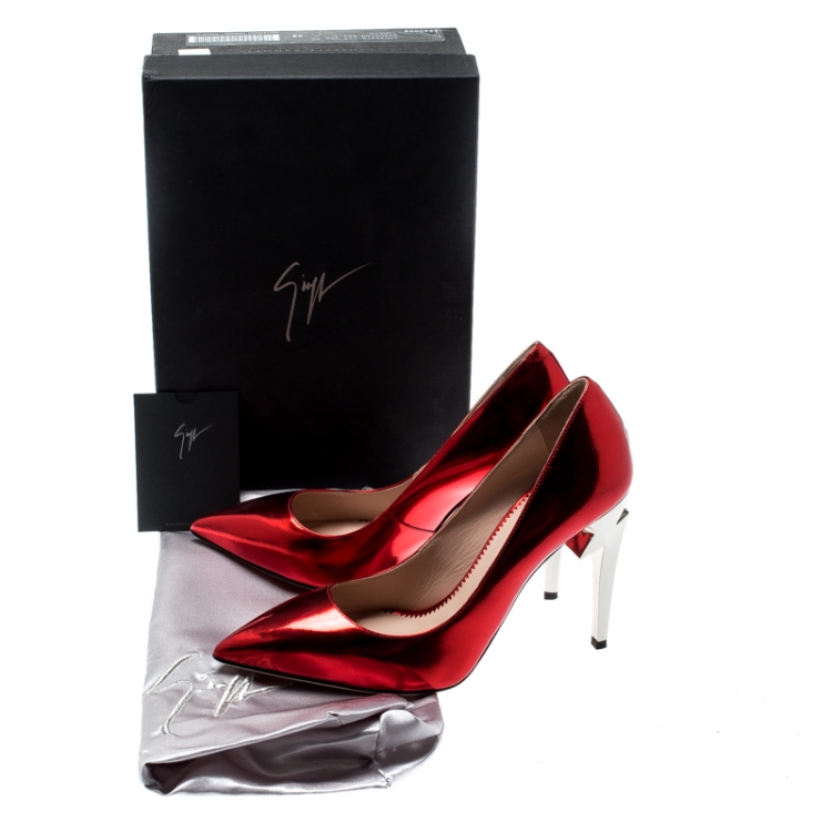 Pre Owned Giuseppe Zanotti Metallic Red Leather Bolt G Pointed Toe Pumps Size 38