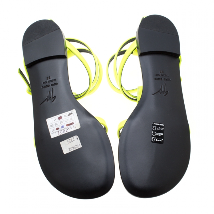 Pre Owned Giuseppe Zanotti Neon Green Leather Ankle Strap Flat Sandals Size 37