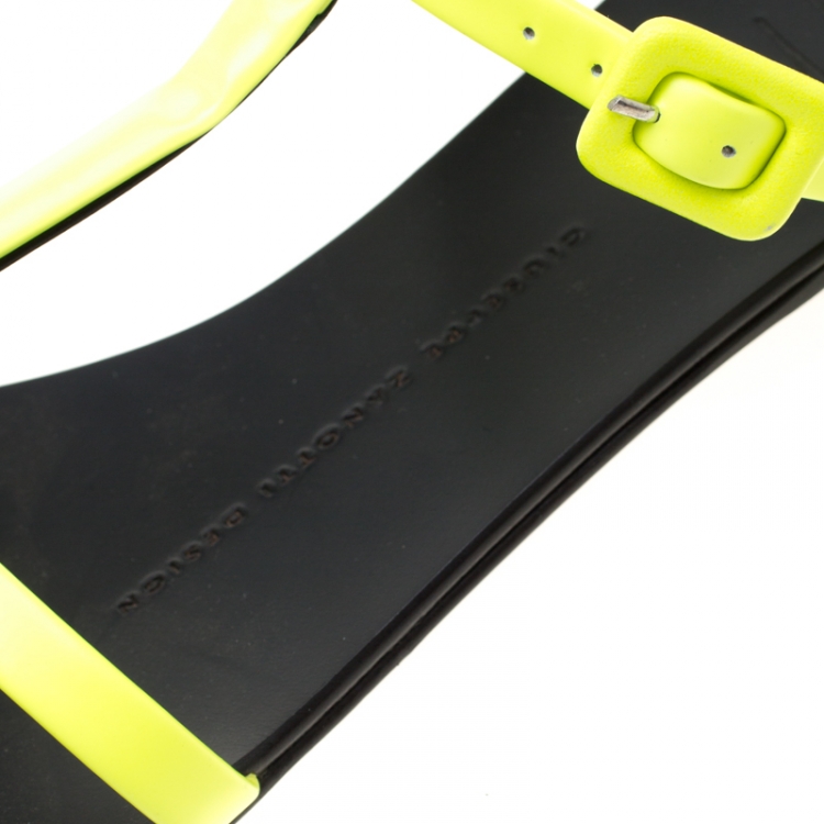Pre Owned Giuseppe Zanotti Neon Green Leather Ankle Strap Flat Sandals Size 37