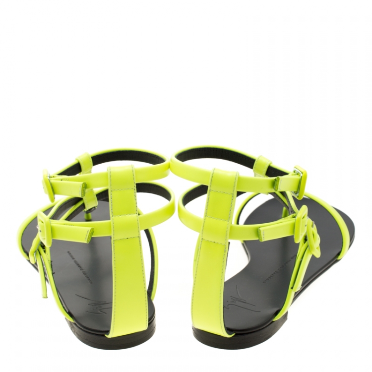 Pre Owned Giuseppe Zanotti Neon Green Leather Ankle Strap Flat Sandals Size 37