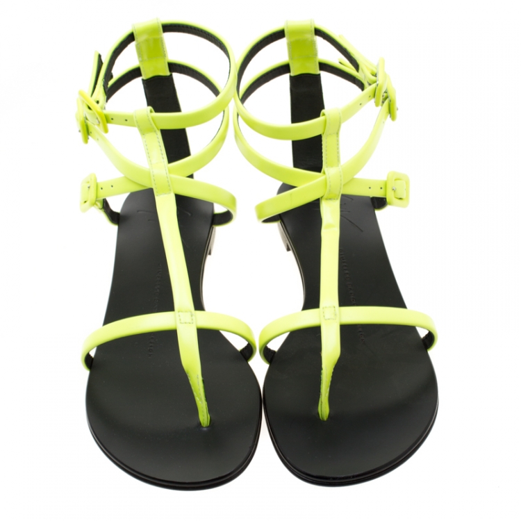 Pre Owned Giuseppe Zanotti Neon Green Leather Ankle Strap Flat Sandals Size 37