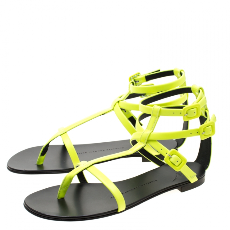 Pre Owned Giuseppe Zanotti Neon Green Leather Ankle Strap Flat Sandals Size 37
