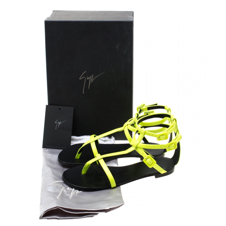 Pre Owned Giuseppe Zanotti Neon Green Leather Ankle Strap Flat Sandals Size 37