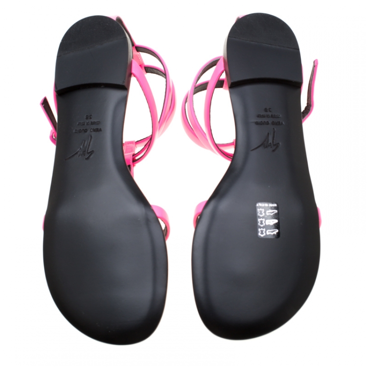 Pre Owned Giuseppe Zanotti Neon Pink Leather Ankle Strap Flat Sandals Size 38