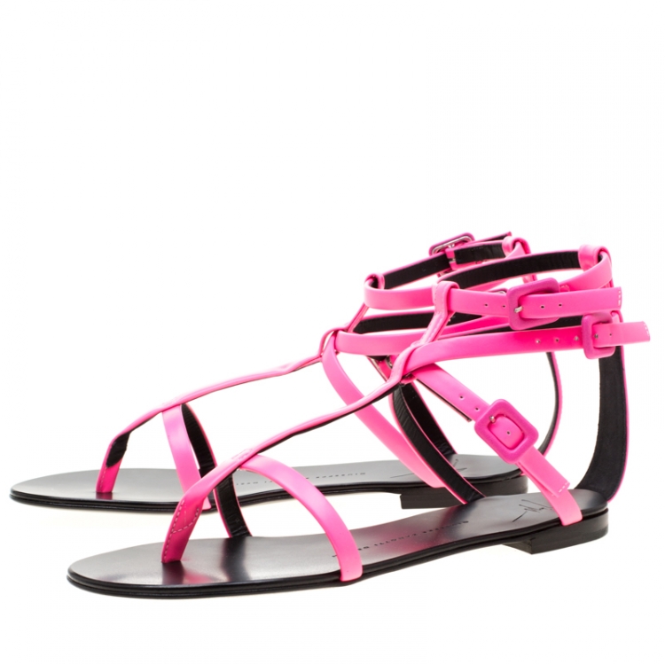 Pre Owned Giuseppe Zanotti Neon Pink Leather Ankle Strap Flat Sandals Size 38