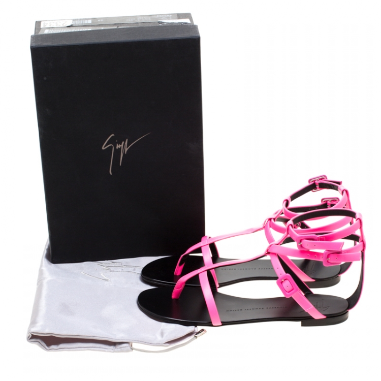 Pre Owned Giuseppe Zanotti Neon Pink Leather Ankle Strap Flat Sandals Size 38