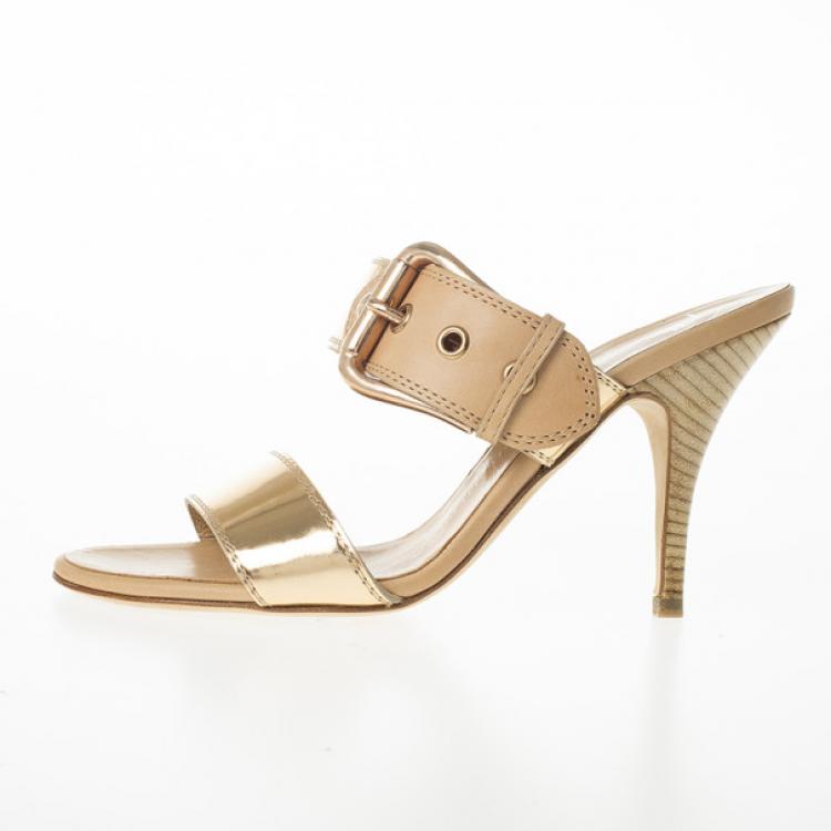 Pre Owned Giuseppe Zanotti Gold Leather Buckle Slides Size 37