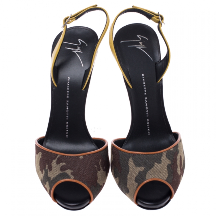 Pre Owned Giuseppe Zanotti Multicolor Camouflage Canvas And Leather Slingback Sandals Size 37.5