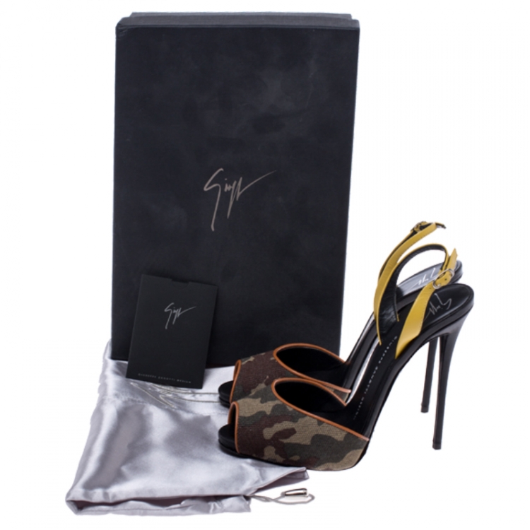Pre Owned Giuseppe Zanotti Multicolor Camouflage Canvas And Leather Slingback Sandals Size 37.5