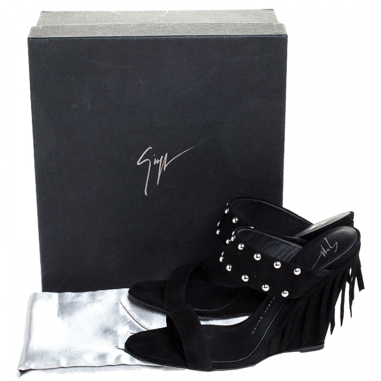 Pre Owned Giuseppe Zanotti Black Suede Taline Fringe Wedge Sandals Size 40