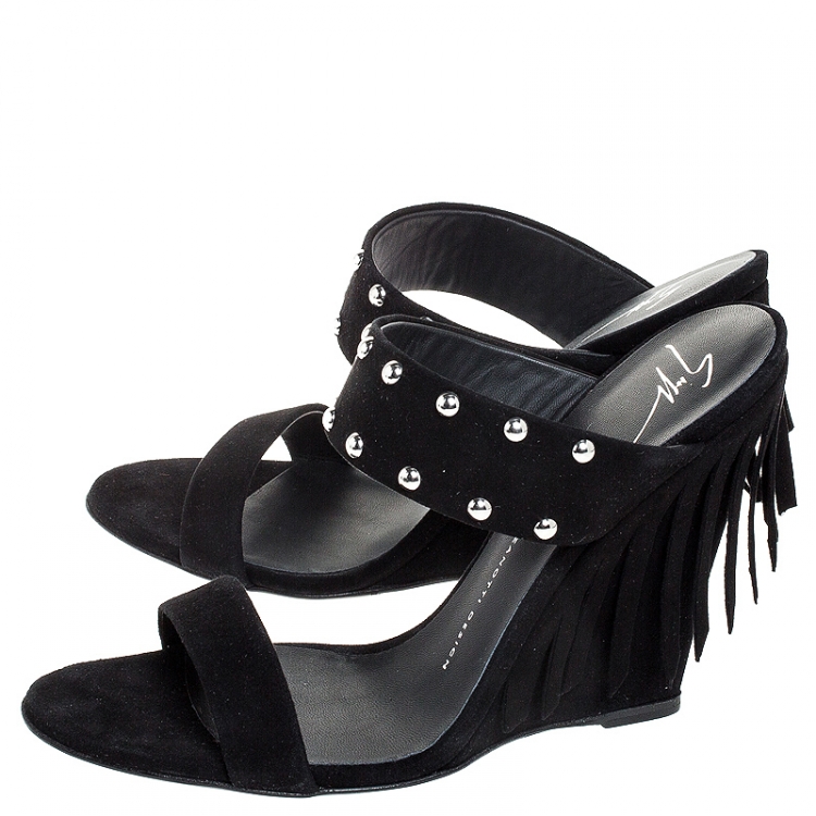 Pre Owned Giuseppe Zanotti Black Suede Taline Fringe Wedge Sandals Size 40