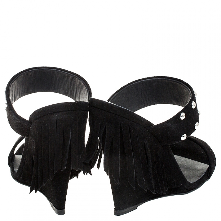 Pre Owned Giuseppe Zanotti Black Suede Taline Fringe Wedge Sandals Size 40
