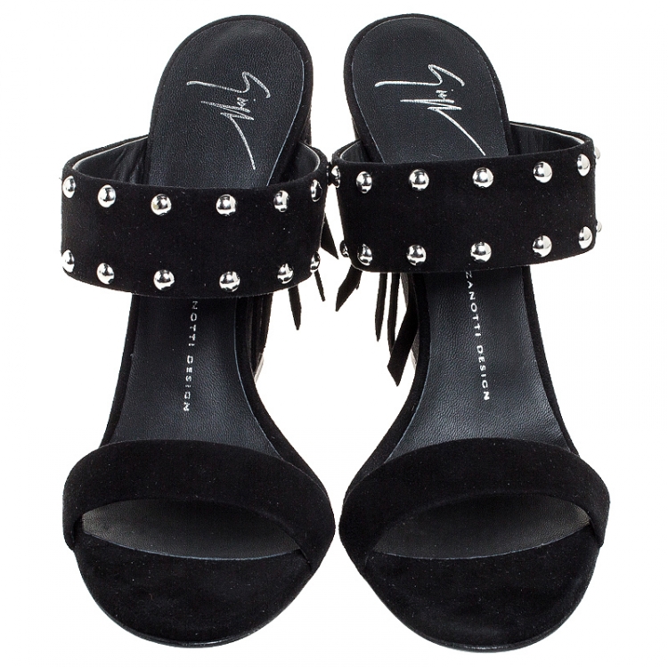 Pre Owned Giuseppe Zanotti Black Suede Taline Fringe Wedge Sandals Size 40