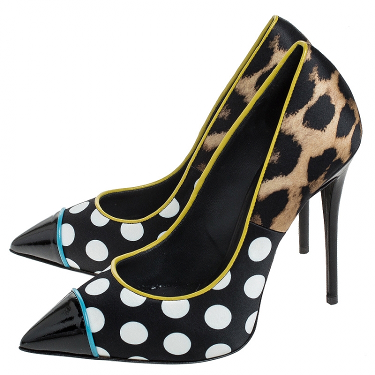 Pre Owned Giuseppe Zanotti Multicolor Leopard/Polka Dots Satin and Patent Leather Yvette Pointed Toe Pumps 38