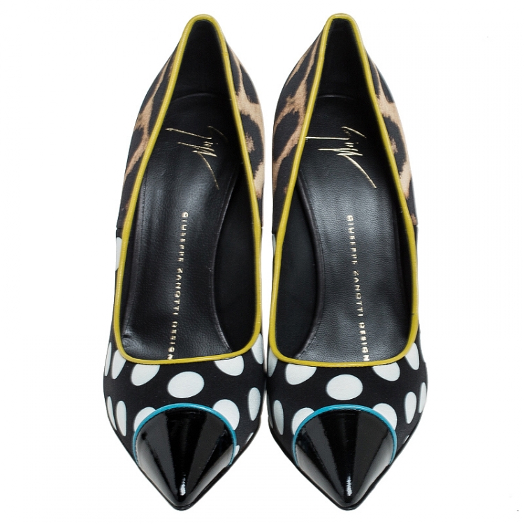 Pre Owned Giuseppe Zanotti Multicolor Leopard/Polka Dots Satin and Patent Leather Yvette Pointed Toe Pumps 38