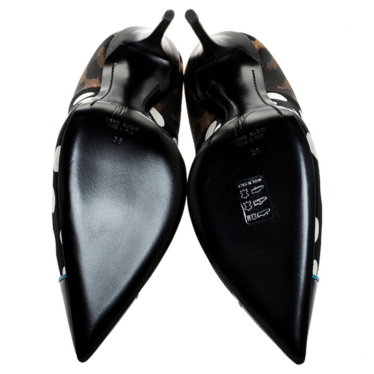 Pre Owned Giuseppe Zanotti Multicolor Leopard/Polka Dots Satin and Patent Leather Yvette Pointed Toe Pumps 38