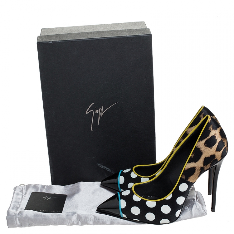Pre Owned Giuseppe Zanotti Multicolor Leopard/Polka Dots Satin and Patent Leather Yvette Pointed Toe Pumps 38