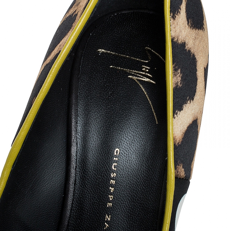 Pre Owned Giuseppe Zanotti Multicolor Leopard/Polka Dots Satin and Patent Leather Yvette Pointed Toe Pumps 38