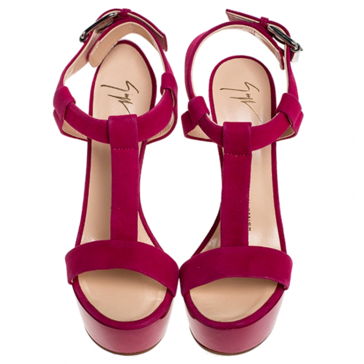 Pre Owned Giuseppe Zanotti Magenta Suede T Strap Sculpted Wedge Sandals Size 38.5