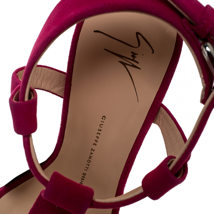 Pre Owned Giuseppe Zanotti Magenta Suede T Strap Sculpted Wedge Sandals Size 38.5