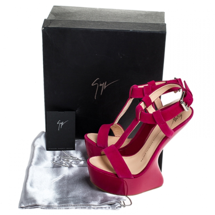 Pre Owned Giuseppe Zanotti Magenta Suede T Strap Sculpted Wedge Sandals Size 38.5