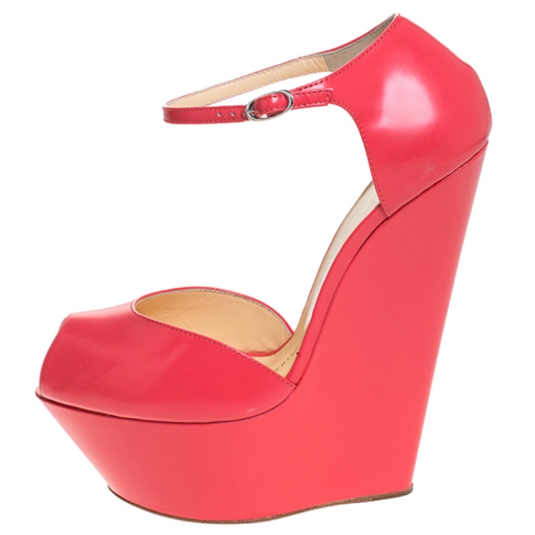 Pre Owned Giuseppe Zanotti Coral Leather Peep Toe Platform Wedge Sandals Size 39
