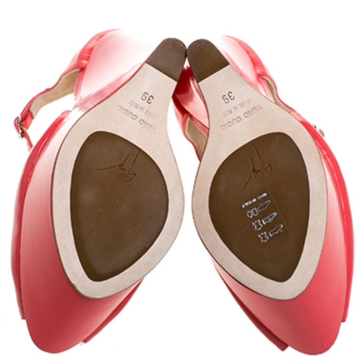 Giuseppe Zanotti Coral Leather Peep Toe Platform Wedge Sandals Size 39