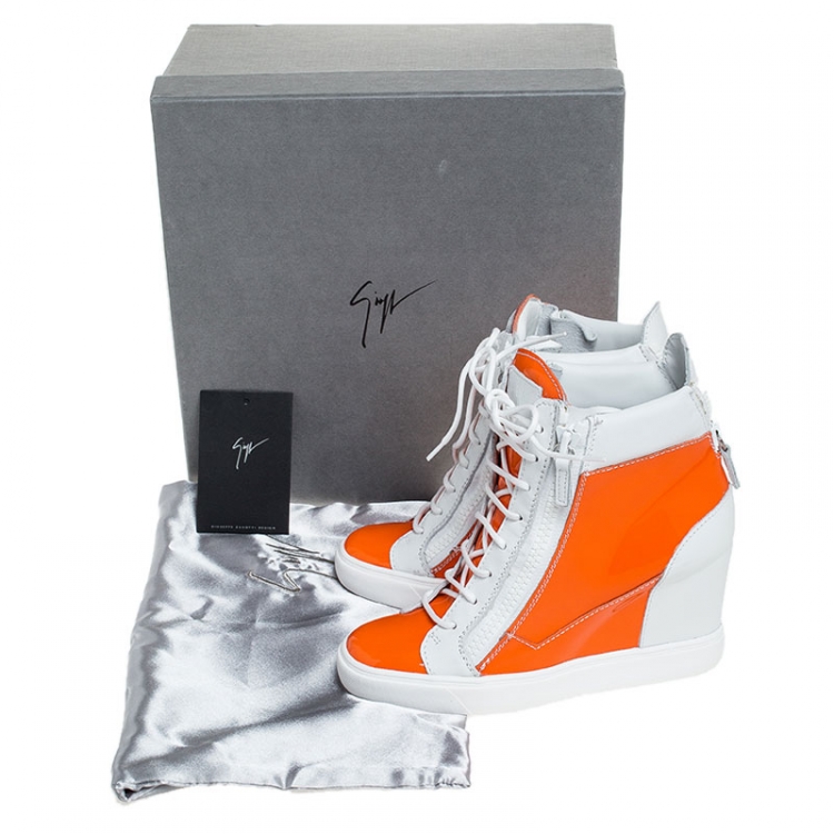 Pre Owned Giuseppe Zanotti Orange/White Leather and Patent Leather High Top Wedge Sneakers Size 39