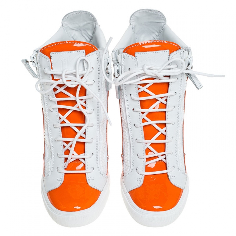 Pre Owned Giuseppe Zanotti Orange/White Leather and Patent Leather High Top Wedge Sneakers Size 39