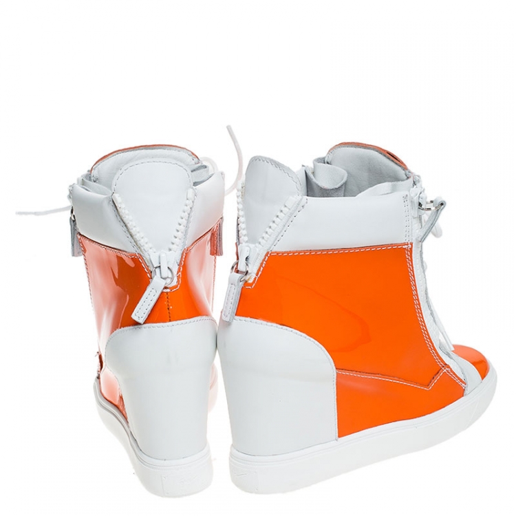 Pre Owned Giuseppe Zanotti Orange/White Leather and Patent Leather High Top Wedge Sneakers Size 39