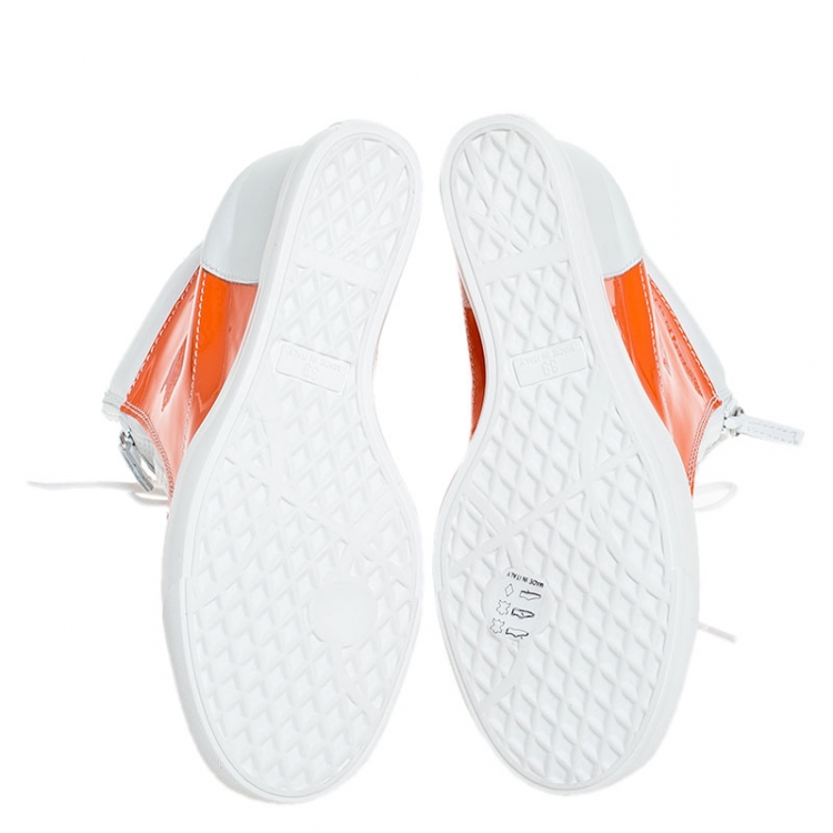 Pre Owned Giuseppe Zanotti Orange/White Leather and Patent Leather High Top Wedge Sneakers Size 39