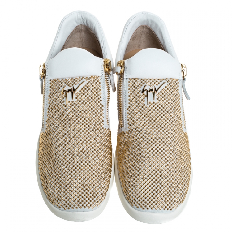 Pre Owned Giuseppe Zanotti White Leather Gold Studded Platform Slip On Sneakers Size 41