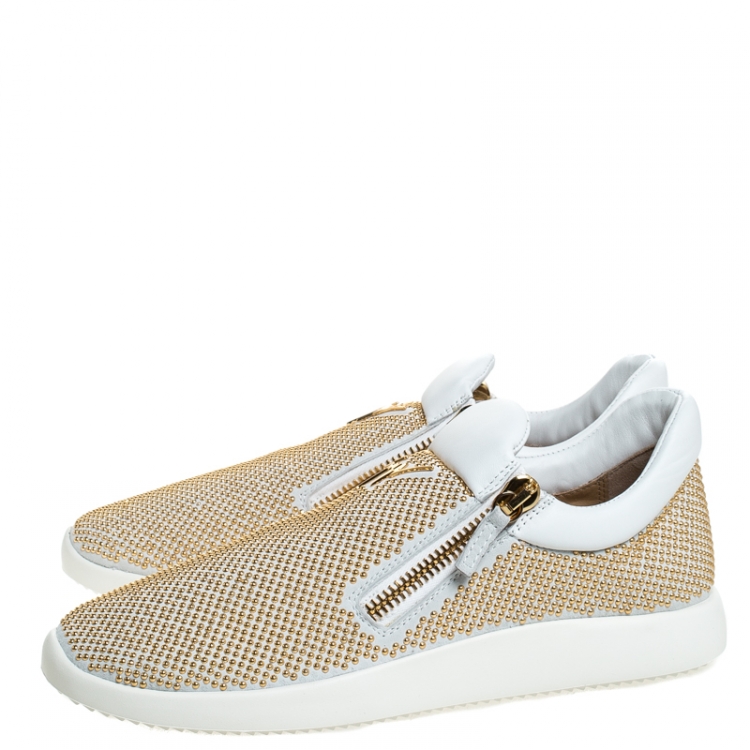 Pre Owned Giuseppe Zanotti White Leather Gold Studded Platform Slip On Sneakers Size 41