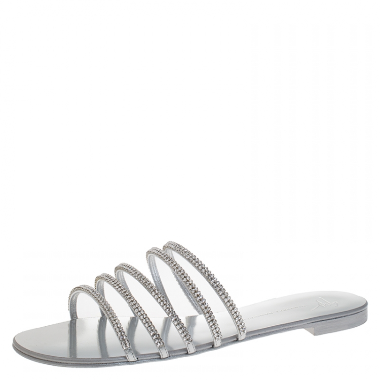 Pre Owned Giuseppe Zanotti Silver Leather Crystal Embellished Strappy Flats Size 40
