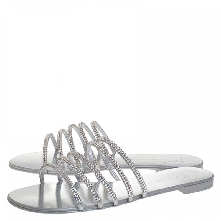Pre Owned Giuseppe Zanotti Silver Leather Crystal Embellished Strappy Flats Size 40
