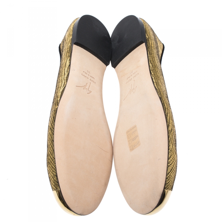 Pre Owned Giuseppe Zanotti Gold Foil Leather Malika Cap Toe Ballet Flats Size 38