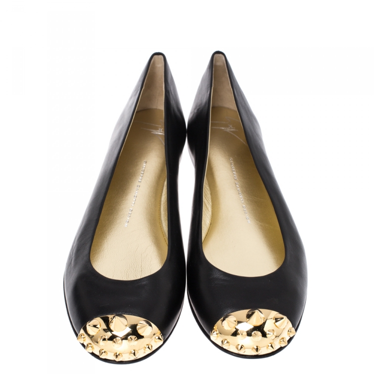 Pre Owned Giuseppe Zanotti Black Leather Malika Spiked Cap Toe Ballet Flats Size 41