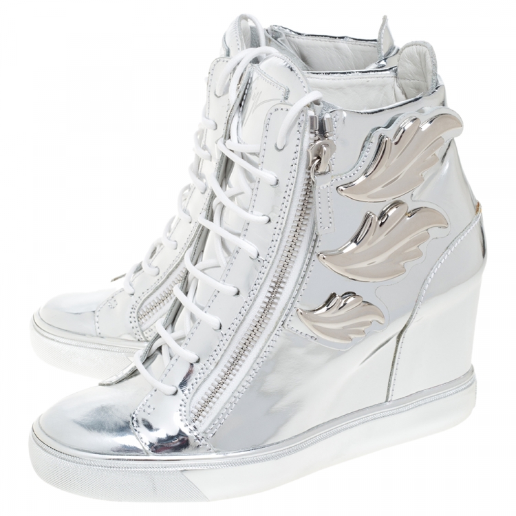 Pre Owned Giuseppe Zanotti Silver Patent Leather Lorenz High Top Wedge Sneakers Size 40