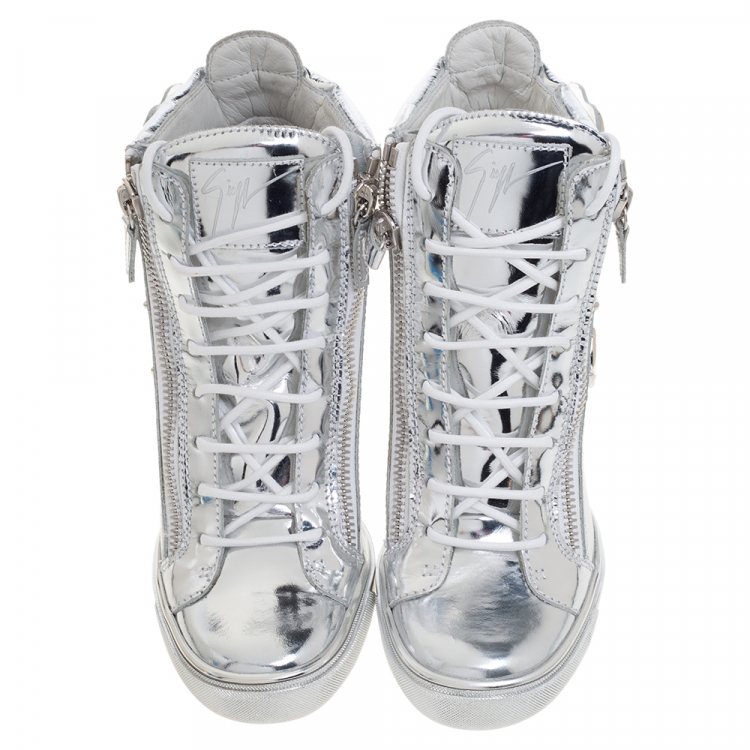 Pre Owned Giuseppe Zanotti Silver Patent Leather Lorenz High Top Wedge Sneakers Size 40