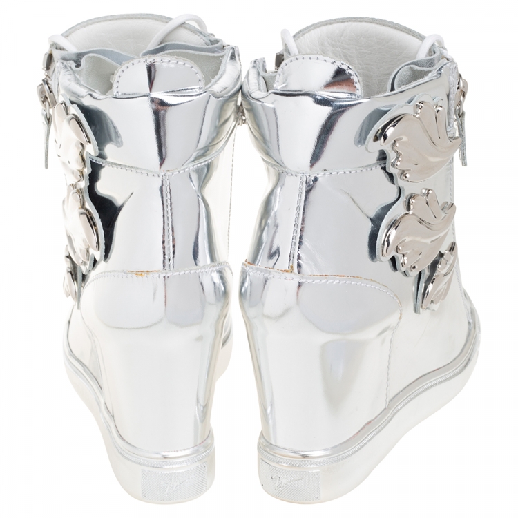 Pre Owned Giuseppe Zanotti Silver Patent Leather Lorenz High Top Wedge Sneakers Size 40