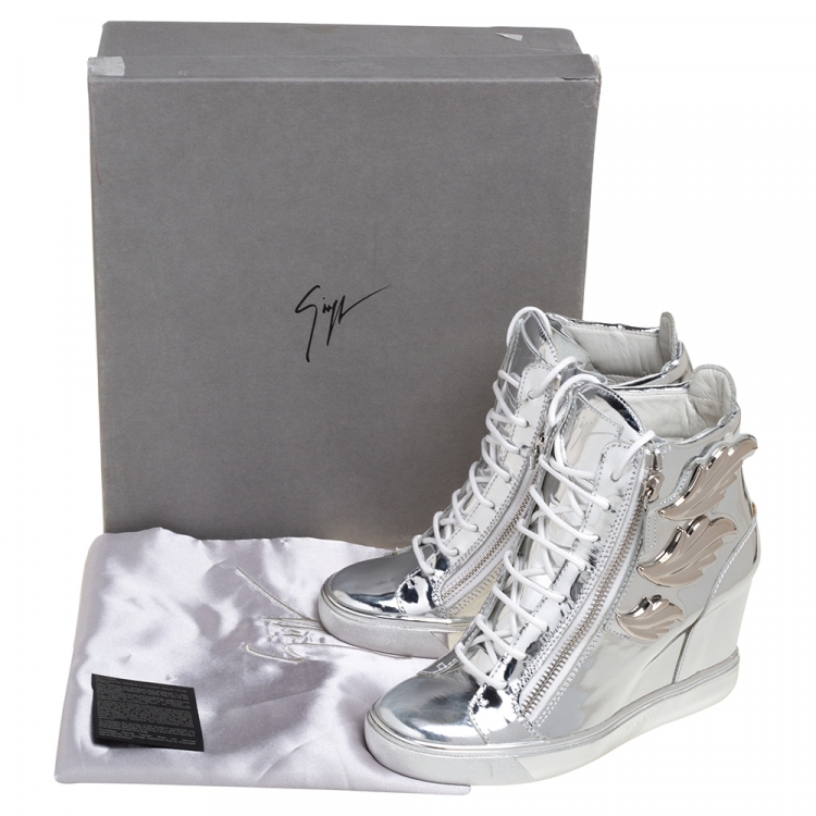 Pre Owned Giuseppe Zanotti Silver Patent Leather Lorenz High Top Wedge Sneakers Size 40