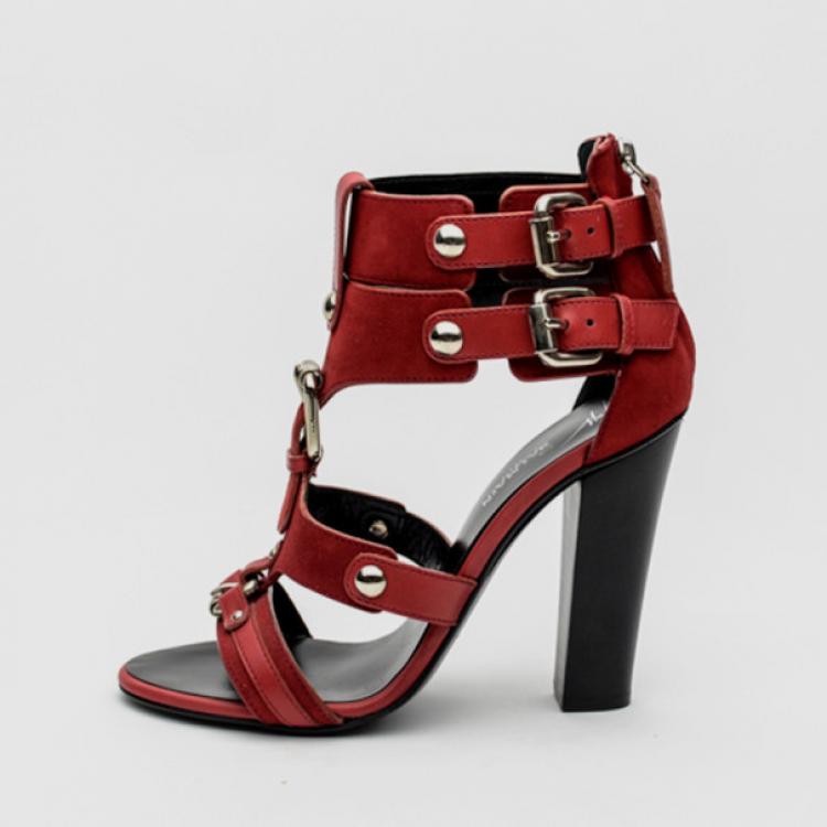 Pre Owned Giuseppe Zanotti For Pierre Balmain Red Suede Buckle Strappy Sandals Size 36