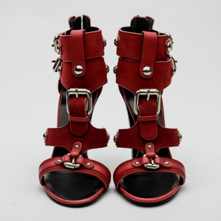Pre Owned Giuseppe Zanotti For Pierre Balmain Red Suede Buckle Strappy Sandals Size 36