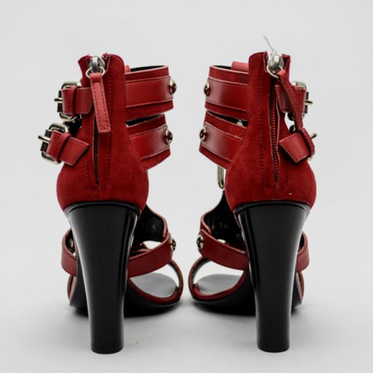 Pre Owned Giuseppe Zanotti For Pierre Balmain Red Suede Buckle Strappy Sandals Size 36