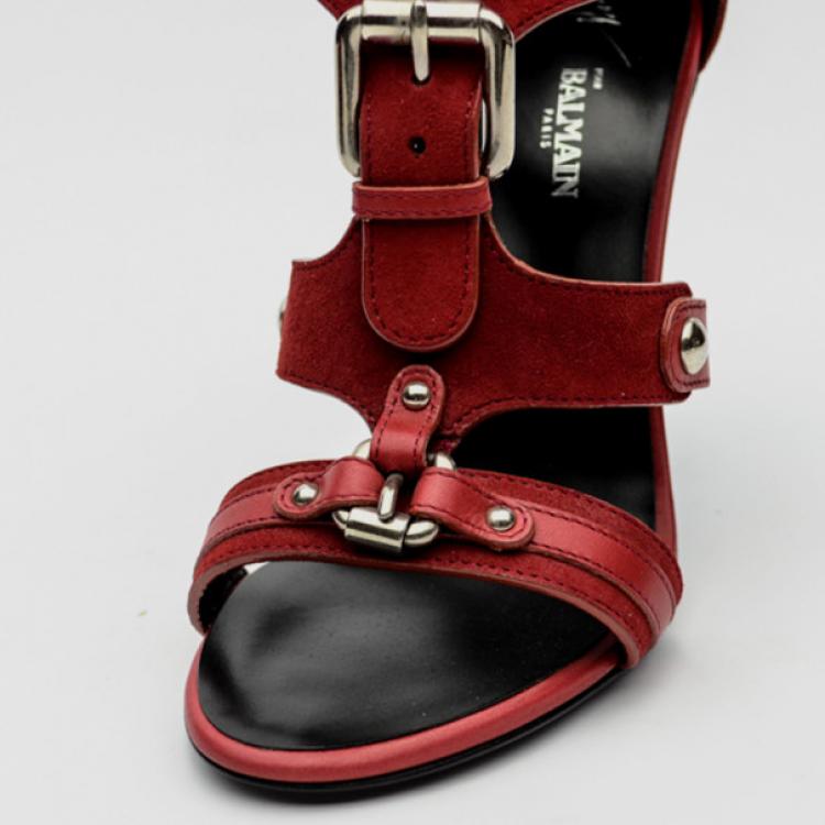 Pre Owned Giuseppe Zanotti For Pierre Balmain Red Suede Buckle Strappy Sandals Size 36